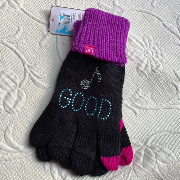 Y2K “Good Vibes” Beanie Hat & Gloves Embellished Music Notes - Black Pur… - Picture 3 of 10